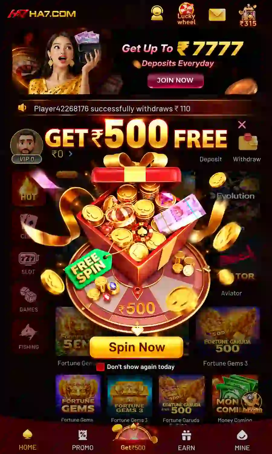 HA7 Game app home screen showing game categories and game tiles